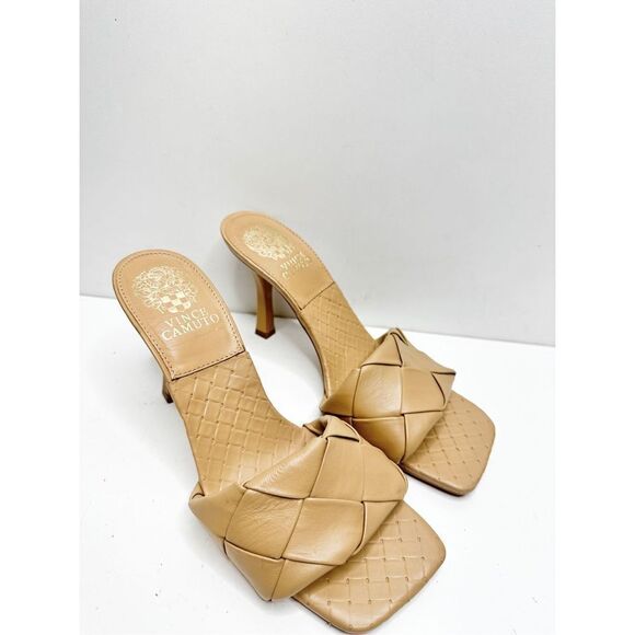 Vince Camuto Sandals Womens Size 8 Tan Leather Square Toe Slip On Woven Heels - Picture 2 of 9